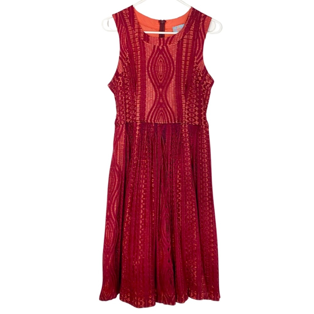 Plenty by Tracy Reese Red and Orange Patterned Sleeveless Midi Dress Pockets!